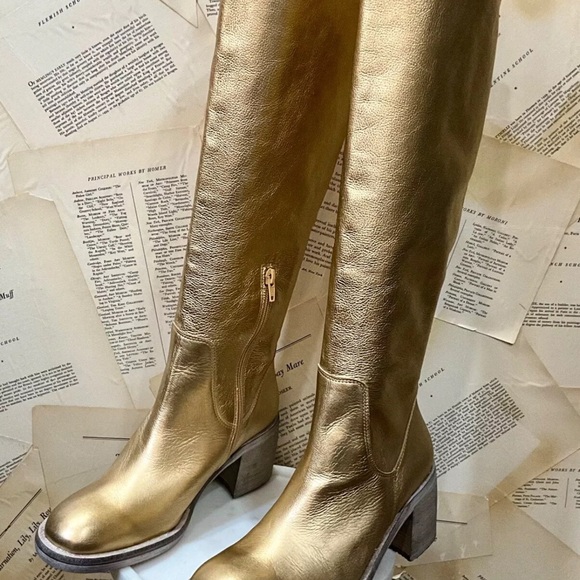 Free People Essential Tall Boot Inside Zipper Gold Metallic Leather - Picture 10 of 11